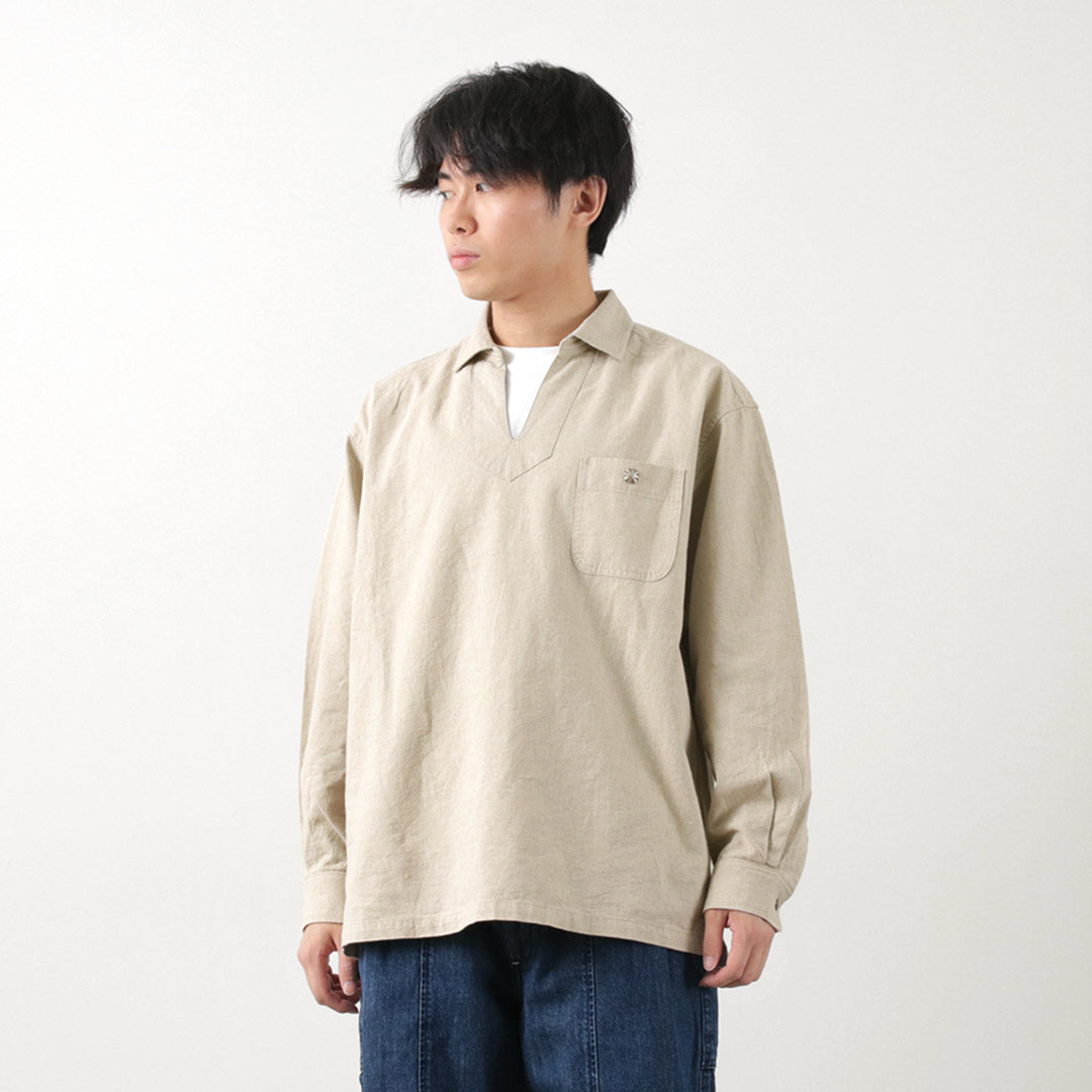 【30%OFF】BARNS(バーンズ) コットンリネン スキッパー ボタンワークスコンチョ シャツ