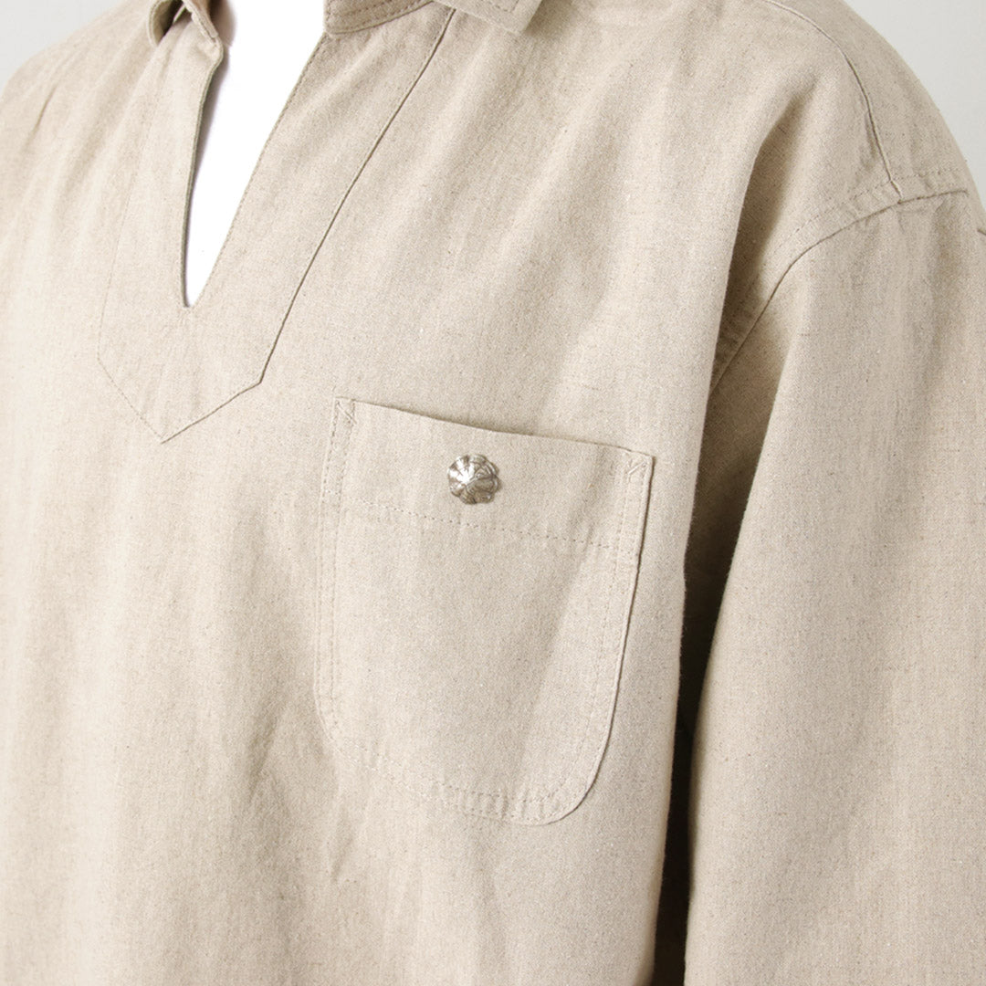 【30%OFF】BARNS(バーンズ) コットンリネン スキッパー ボタンワークスコンチョ シャツ