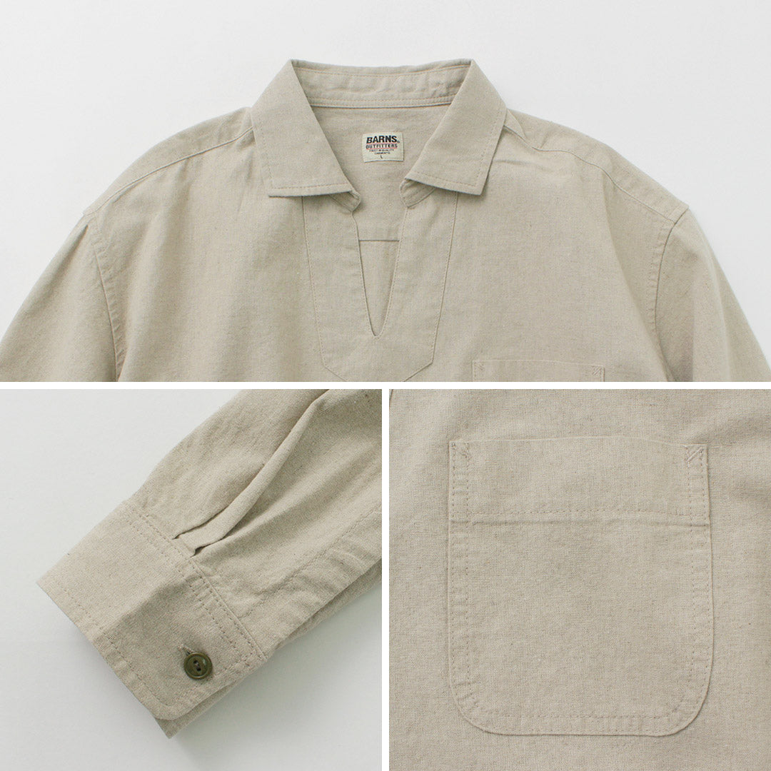 【30%OFF】BARNS(バーンズ) コットンリネン スキッパー ボタンワークスコンチョ シャツ
