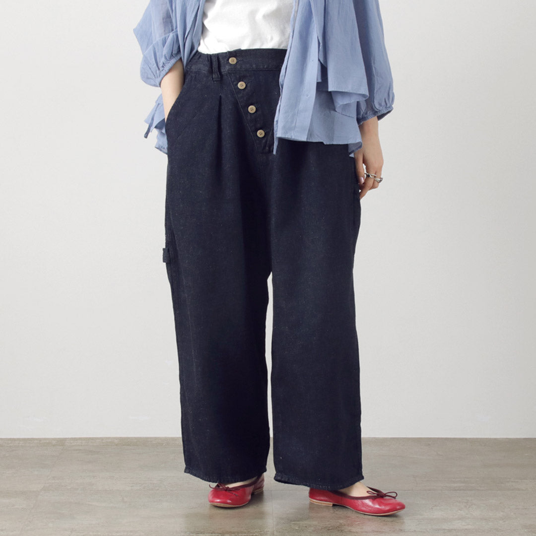 【30%OFF】TUMUGU(ツムグ) 9.5oz コットンリネン デニム ワイドテーパード パンツ