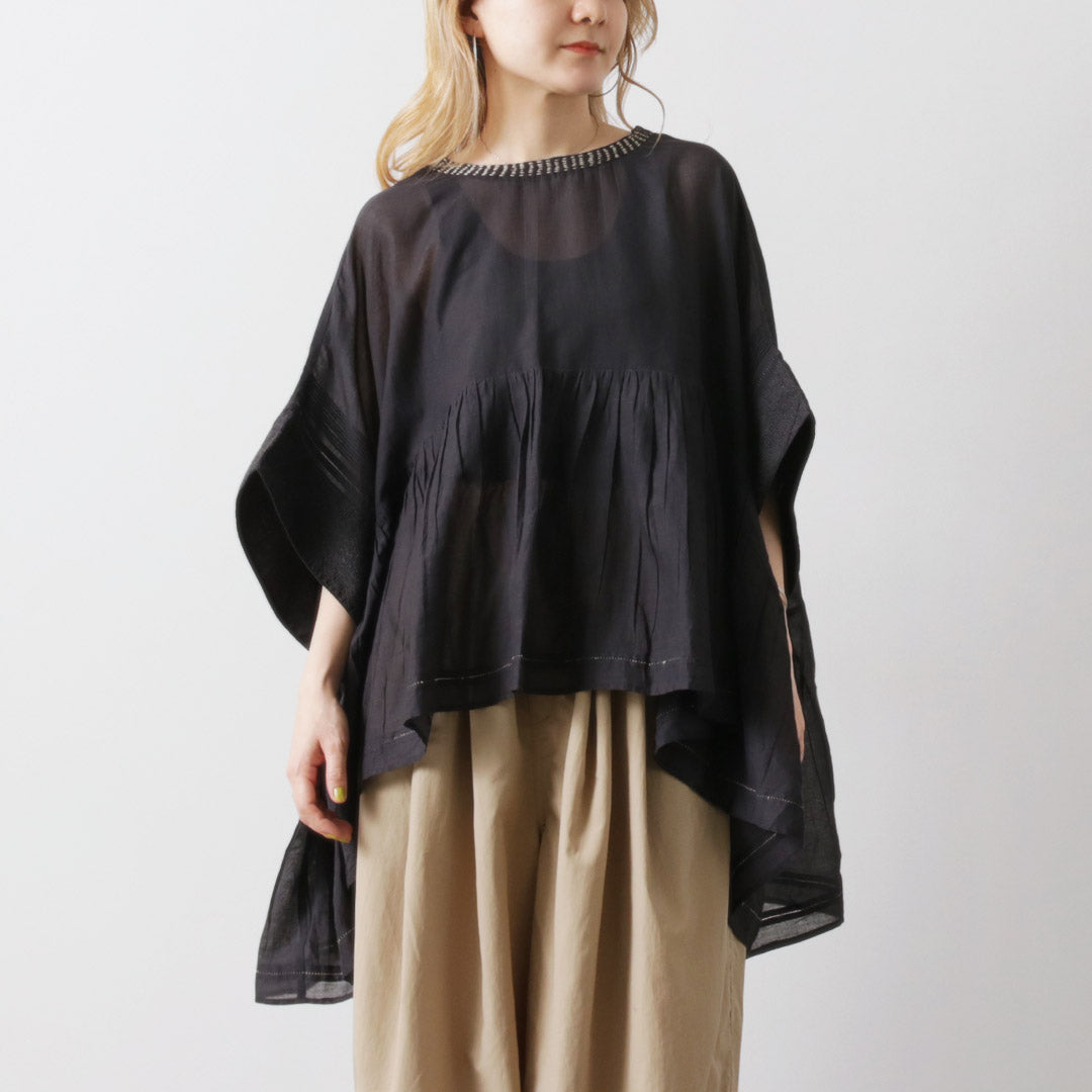 【50%OFF】TUMUGU(ツムグ) ステッチワーク カディコットン ポンチョブラウス