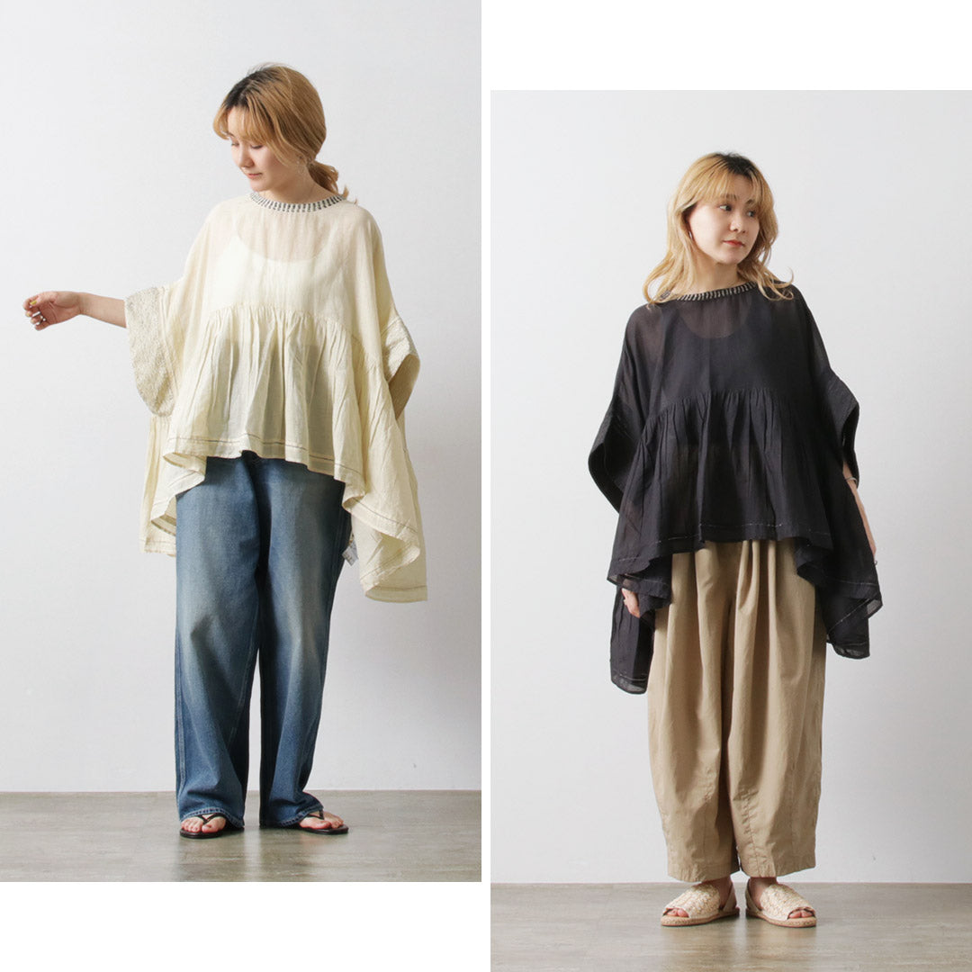 TUMUGU(ツムグ) ステッチワーク カディコットン ポンチョブラウス