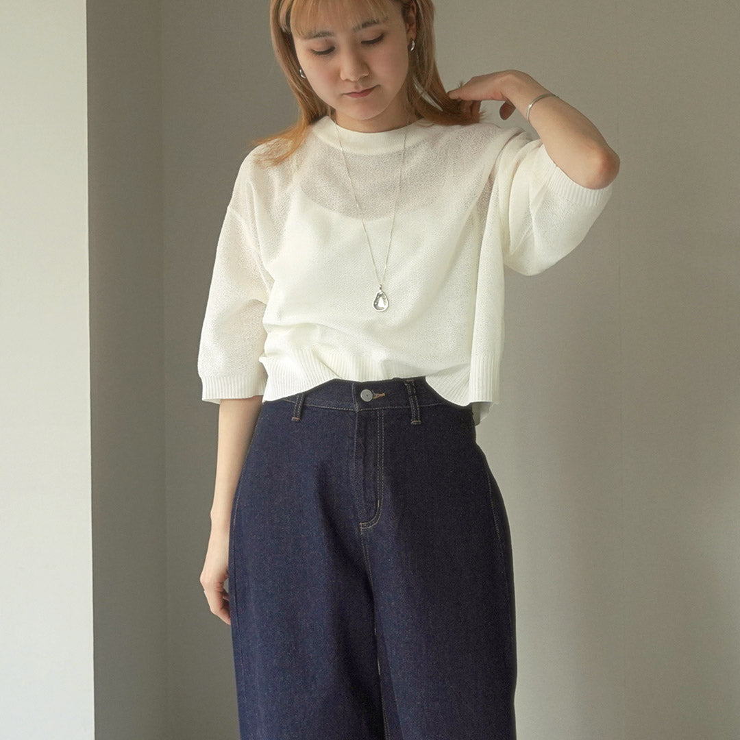 【20%OFF】mizuiro ind(ミズイロインド) クルーネック ウォーターマークパターン ショートプルオーバー