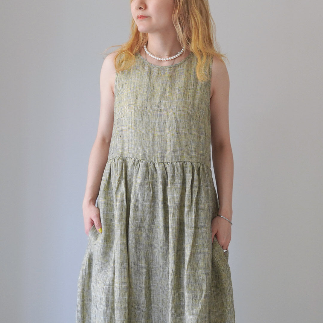 【30%OFF】MAO MADE(マオメイド) リネン チェック&ストライプ ワンピース