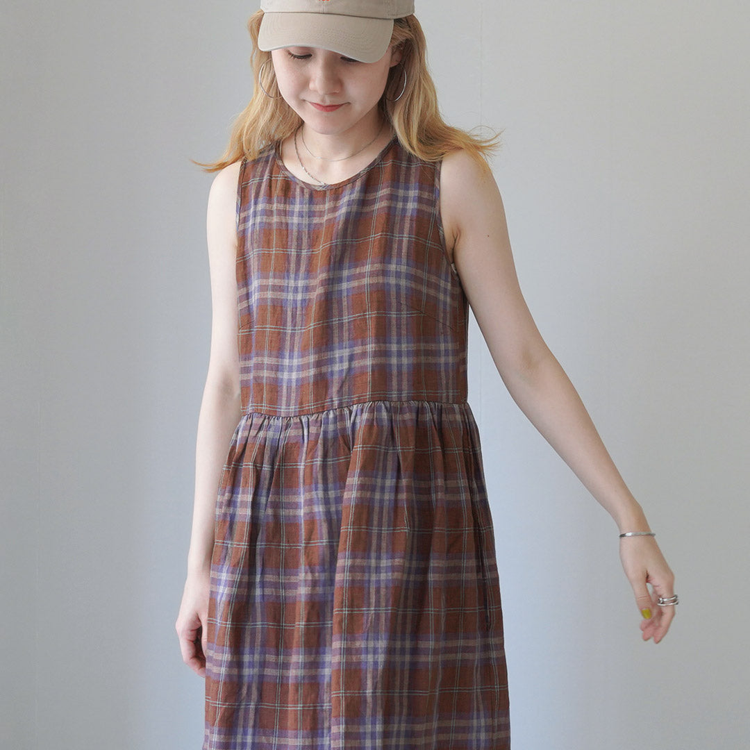 【30%OFF】MAO MADE(マオメイド) リネン チェック&ストライプ ワンピース