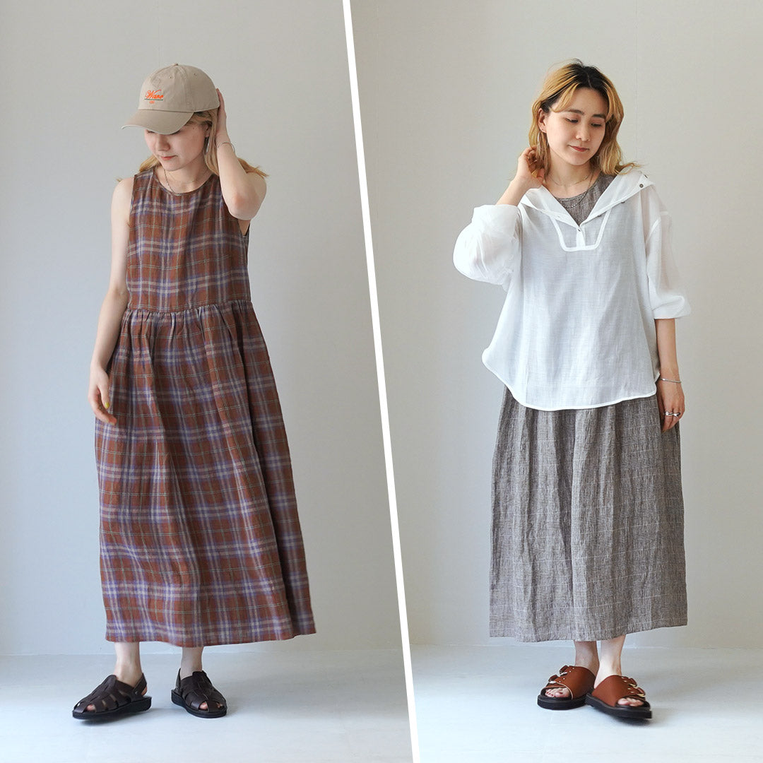 【30%OFF】MAO MADE(マオメイド) リネン チェック&ストライプ ワンピース