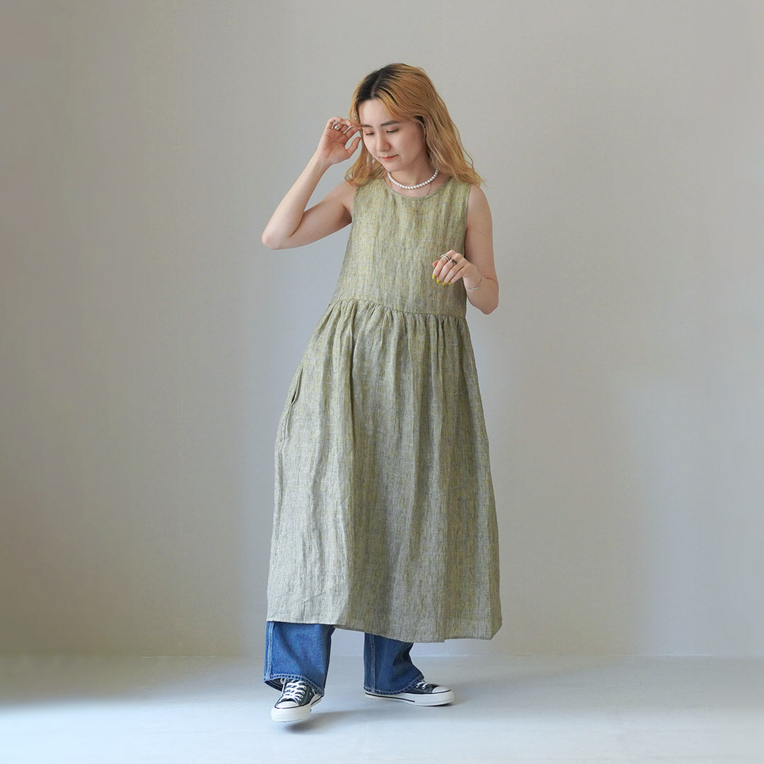 【30%OFF】MAO MADE(マオメイド) リネン チェック&ストライプ ワンピース