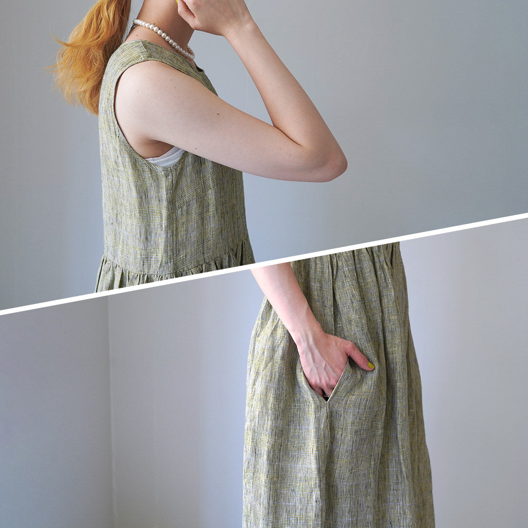 【30%OFF】MAO MADE(マオメイド) リネン チェック&ストライプ ワンピース