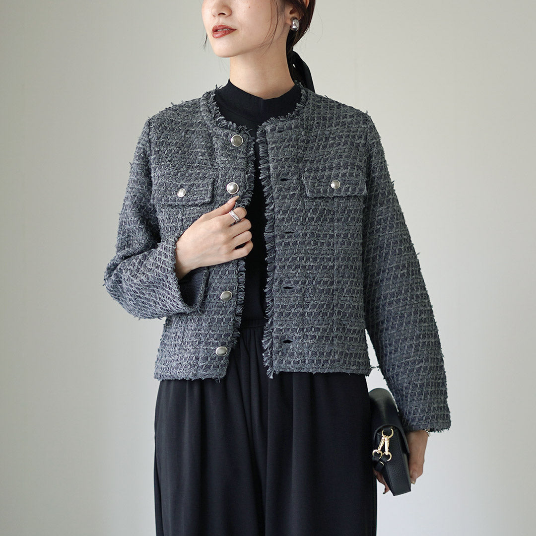 【20%OFF】COOHEM(コーヘン) ノーカラー ニットツイードジャケット
