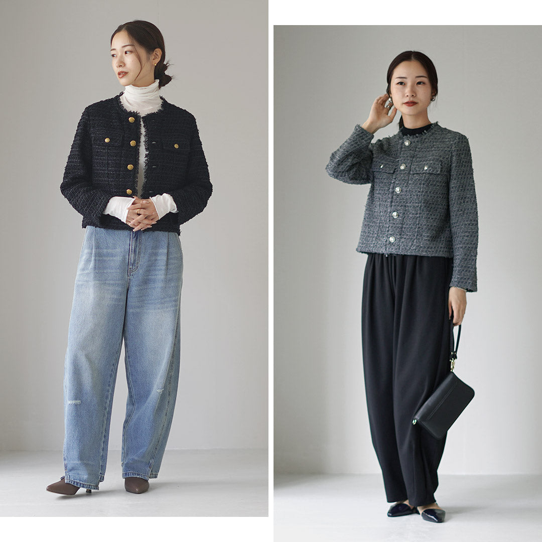 【20%OFF】COOHEM(コーヘン) ノーカラー ニットツイードジャケット