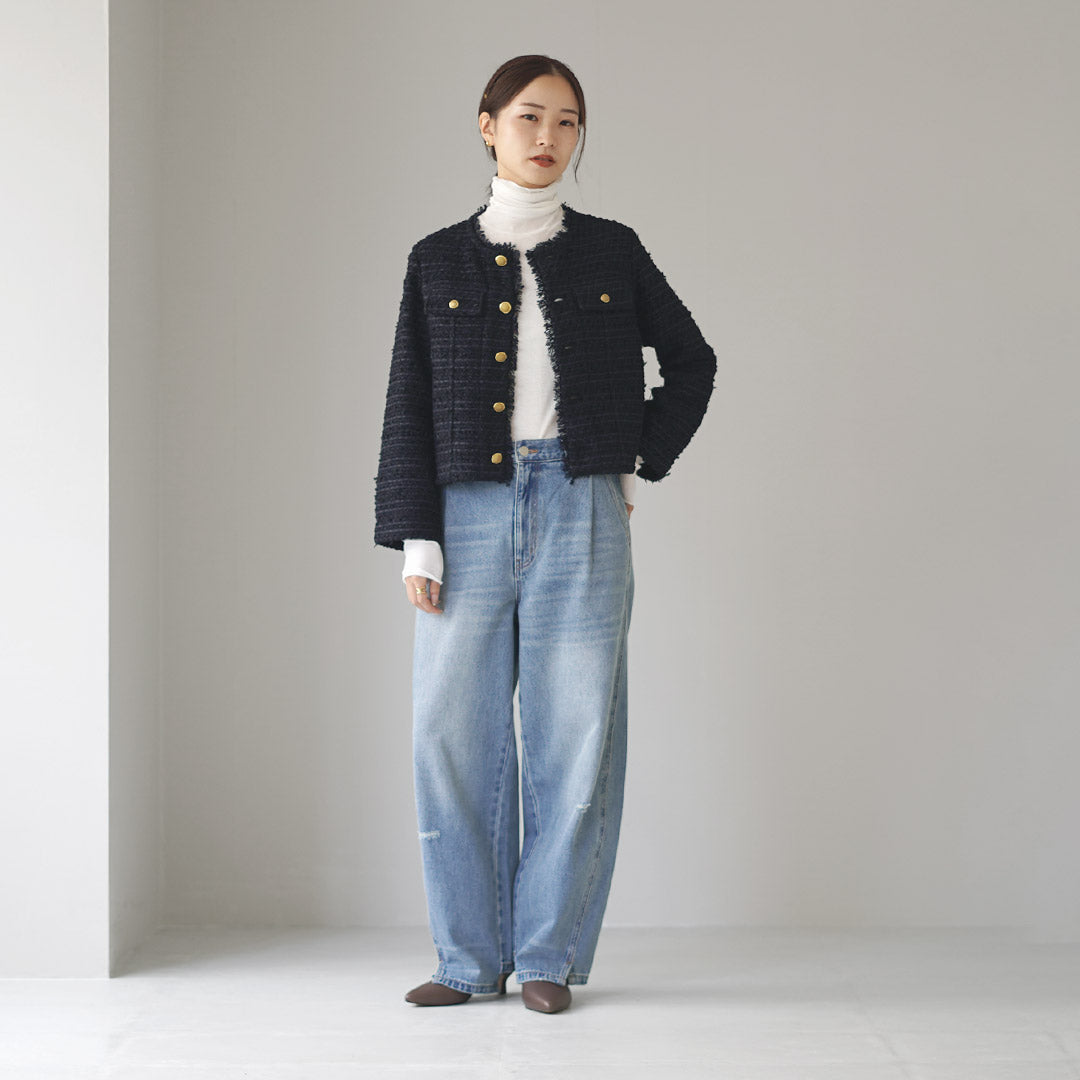 【20%OFF】COOHEM(コーヘン) ノーカラー ニットツイードジャケット