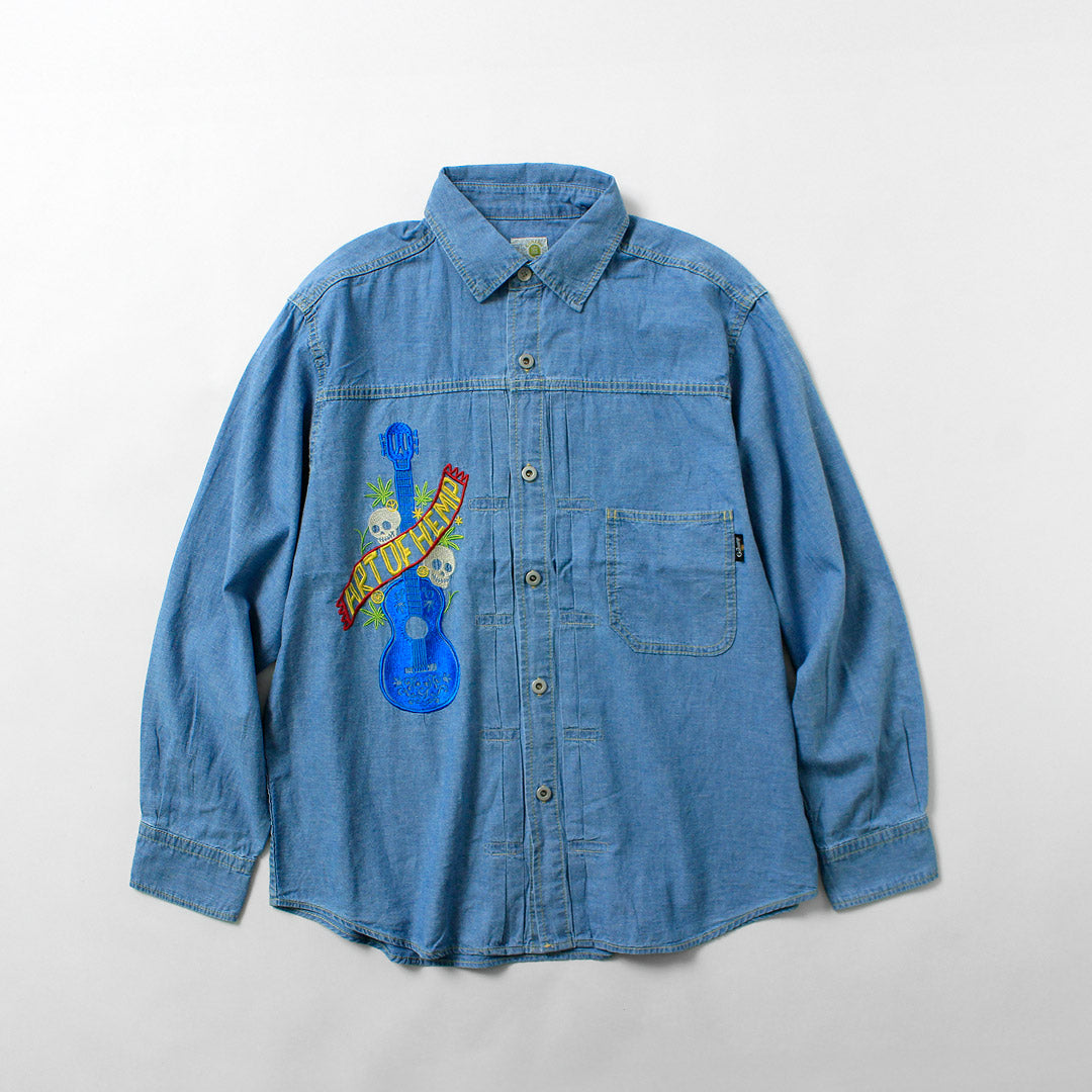 GOHEMP(ゴーヘンプ) 刺繍 プリーツワークシャツ ヘンプコットンシャンブレー