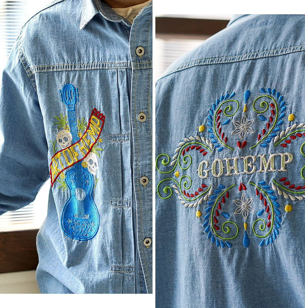 GOHEMP(ゴーヘンプ) 刺繍 プリーツワークシャツ ヘンプコットンシャンブレー