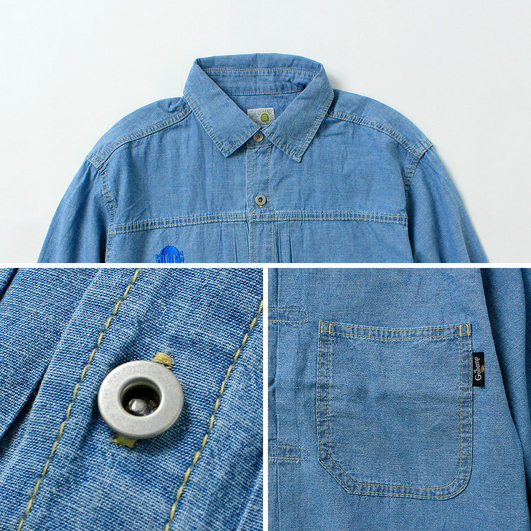 GOHEMP(ゴーヘンプ) 刺繍 プリーツワークシャツ ヘンプコットンシャンブレー