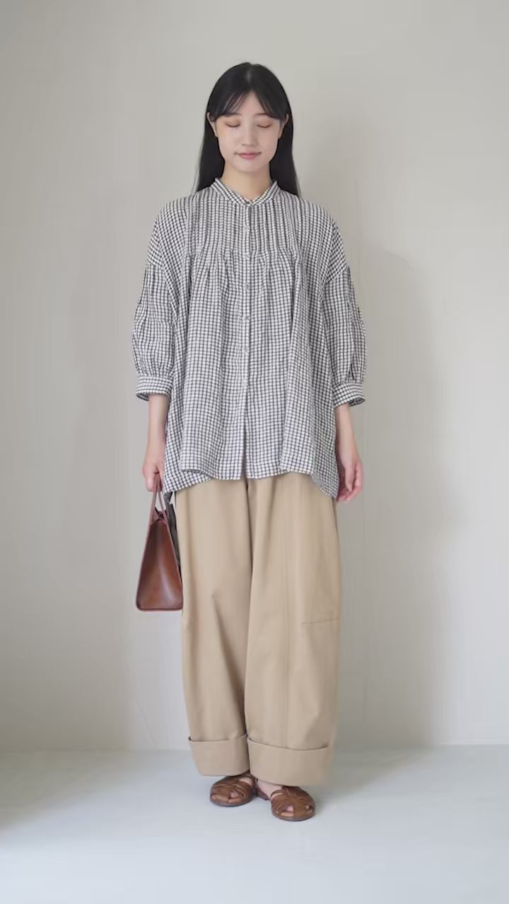 SOIL（ソイル） リネン チェック バンドカラー ピンタックシャツ