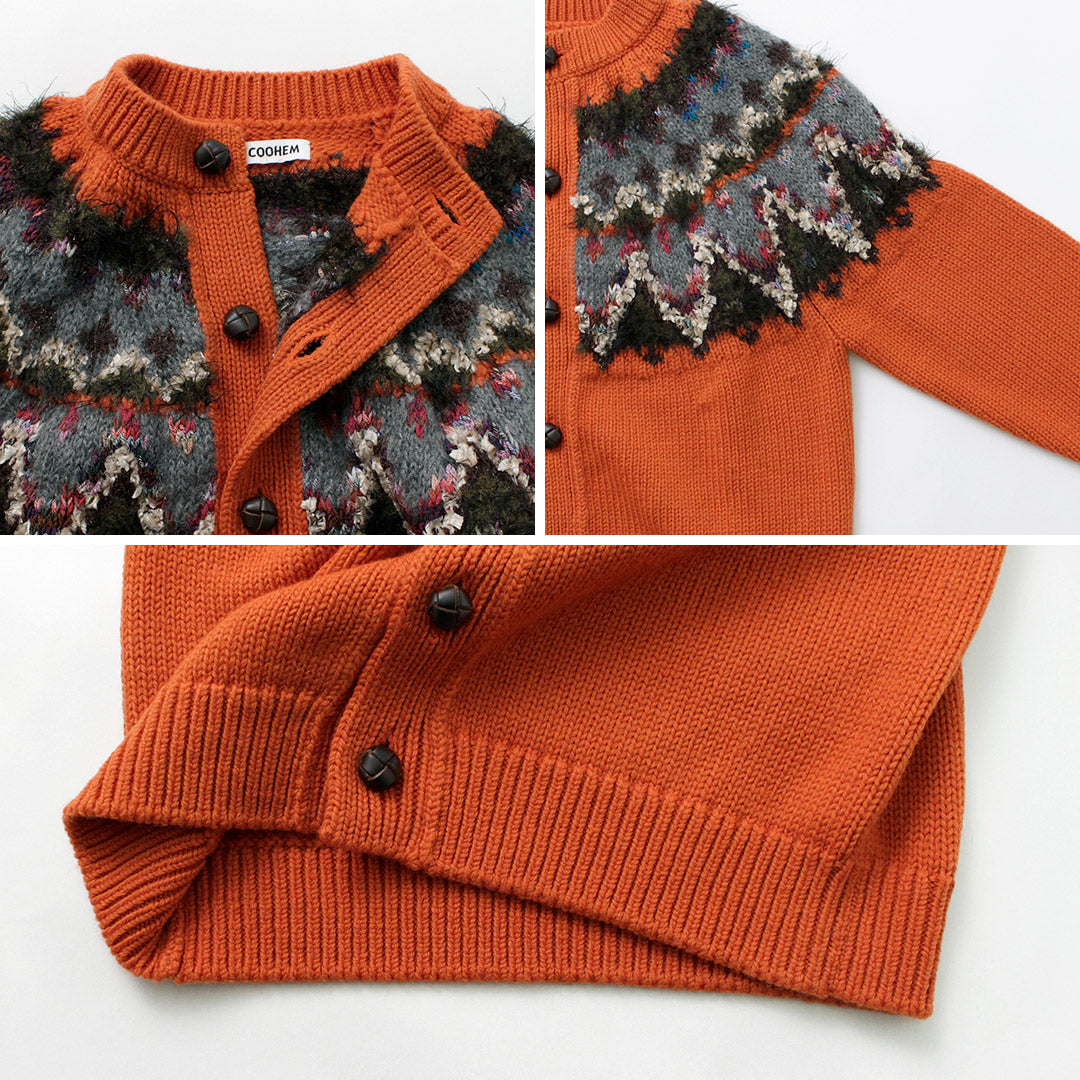 【30%OFF】COOHEM(コーヘン) ノルディック ニット カーディガン レディース ウール 刺繍 柄 厚手 日本製 ゆったり クルーネック 暖かい 北欧 米冨 YONETOMI KOHEN NORDIC KNIT C/D【セール】