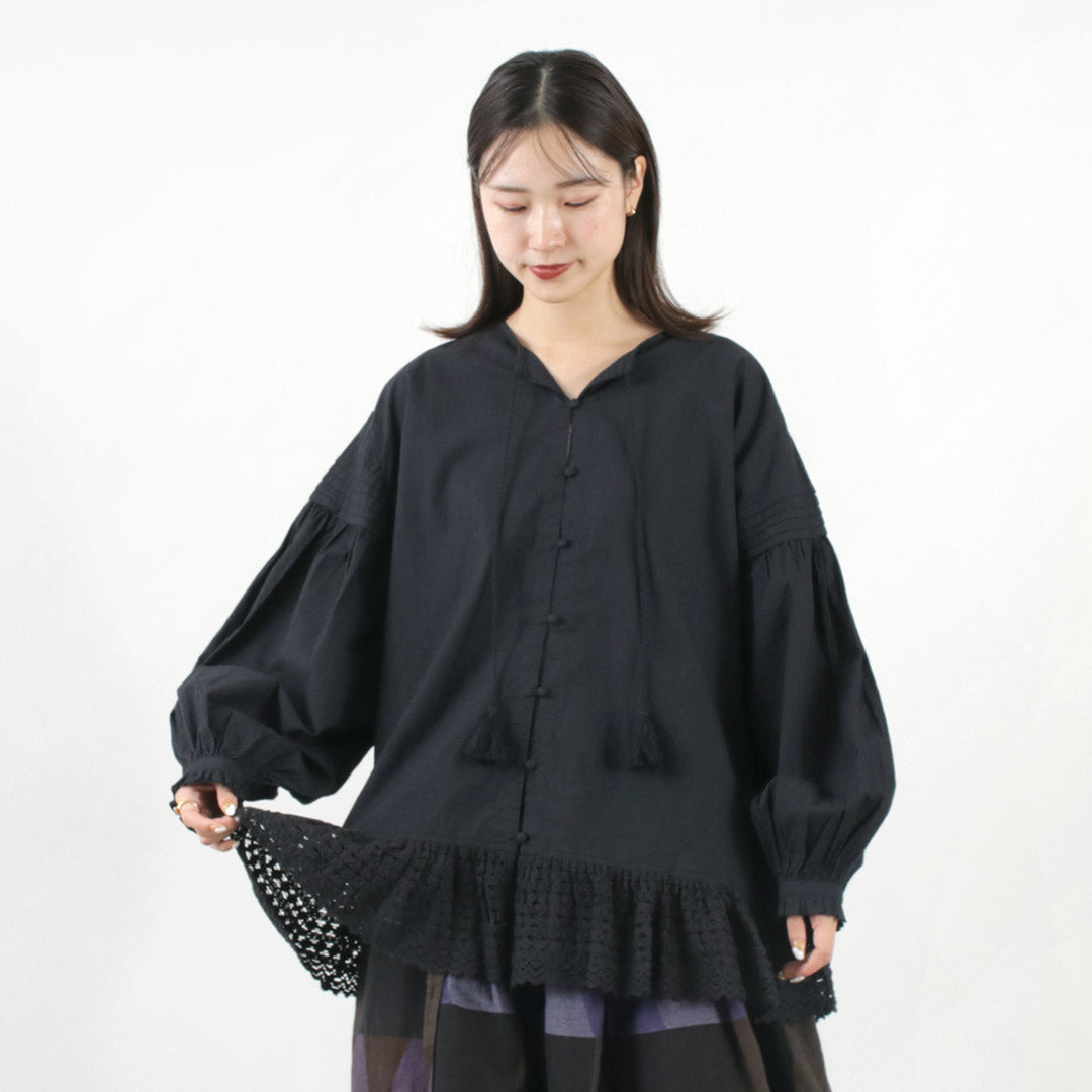 【40%OFF】TUMUGU(ツムグ) コットンキャンブリック起毛 2WAY 裾レース ブラウス