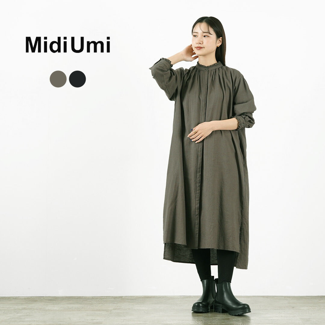【50%OFF】MIDIUMI(ミディウミ) ギャザーシャツワンピース レディース 長袖 ロング 羽織り バンドカラー スタンドカラー ウール 日本製【セール】
