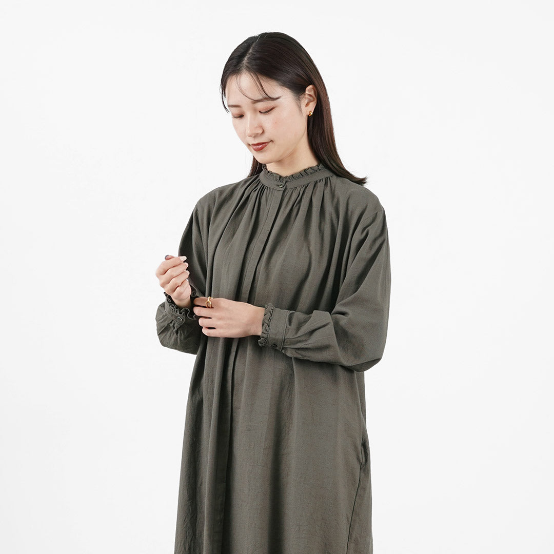 【50%OFF】MIDIUMI(ミディウミ) ギャザーシャツワンピース レディース 長袖 ロング 羽織り バンドカラー スタンドカラー ウール 日本製【セール】