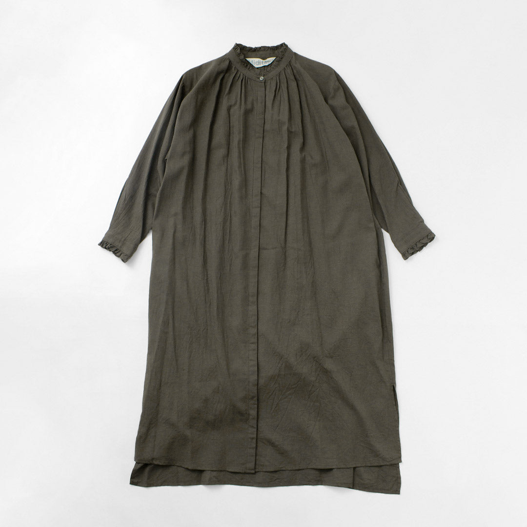 【50%OFF】MIDIUMI(ミディウミ) ギャザーシャツワンピース レディース 長袖 ロング 羽織り バンドカラー スタンドカラー ウール 日本製【セール】