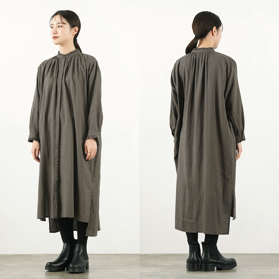 【50%OFF】MIDIUMI(ミディウミ) ギャザーシャツワンピース レディース 長袖 ロング 羽織り バンドカラー スタンドカラー ウール 日本製【セール】