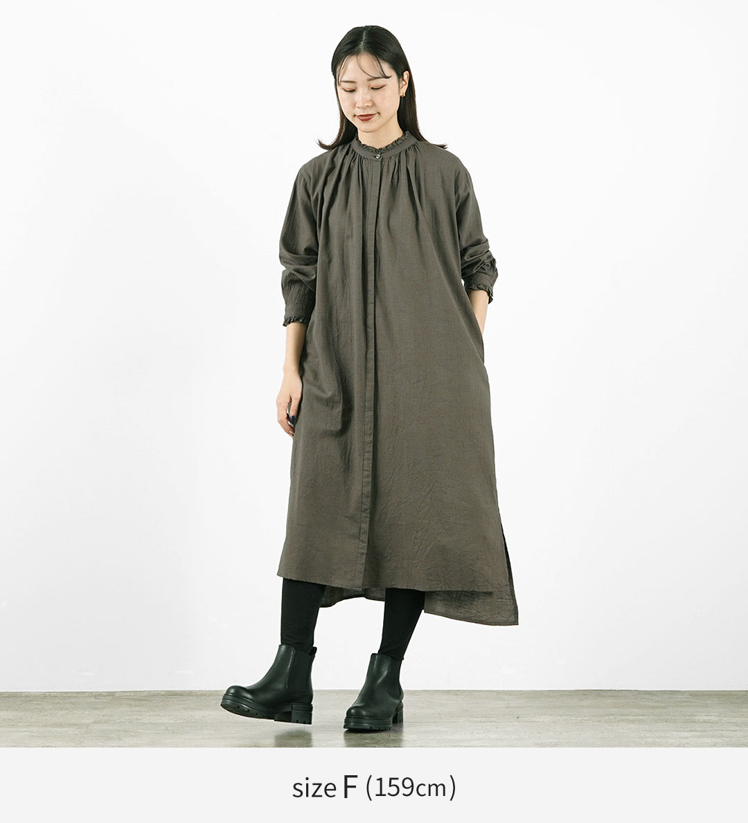 【50%OFF】MIDIUMI(ミディウミ) ギャザーシャツワンピース レディース 長袖 ロング 羽織り バンドカラー スタンドカラー ウール 日本製【セール】