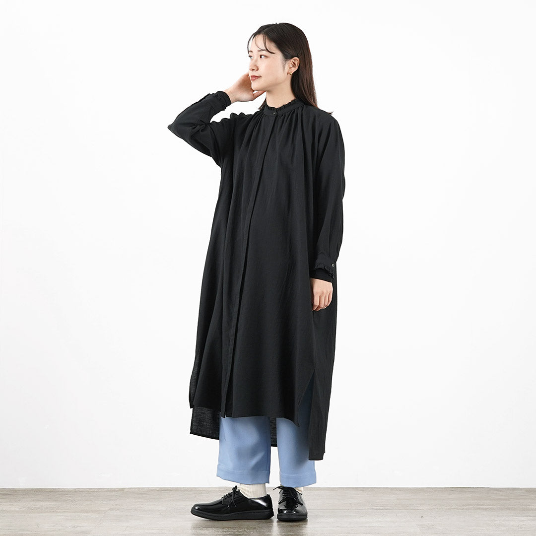 【50%OFF】MIDIUMI(ミディウミ) ギャザーシャツワンピース レディース 長袖 ロング 羽織り バンドカラー スタンドカラー ウール 日本製【セール】