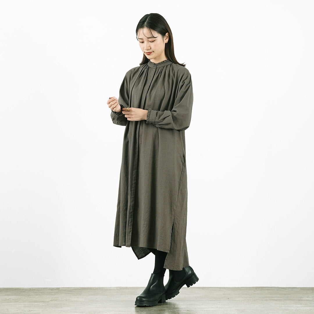 【50%OFF】MIDIUMI(ミディウミ) ギャザーシャツワンピース レディース 長袖 ロング 羽織り バンドカラー スタンドカラー ウール 日本製【セール】