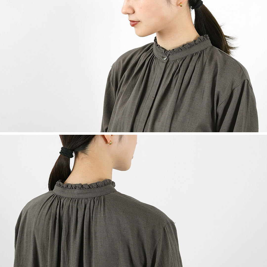 【50%OFF】MIDIUMI(ミディウミ) ギャザーシャツワンピース レディース 長袖 ロング 羽織り バンドカラー スタンドカラー ウール 日本製【セール】