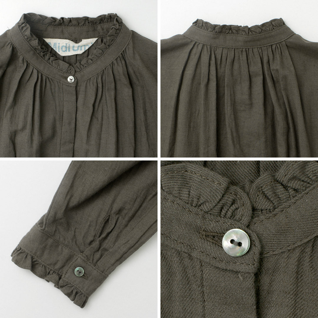 【50%OFF】MIDIUMI(ミディウミ) ギャザーシャツワンピース レディース 長袖 ロング 羽織り バンドカラー スタンドカラー ウール 日本製【セール】