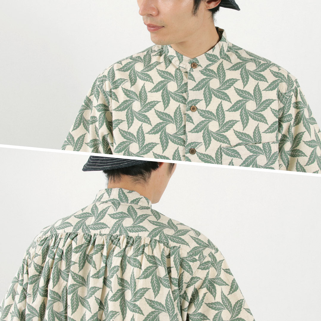 【30%OFF】GOHEMP(ゴーヘンプ) ノーカラー半袖シャツ トルネードプリント