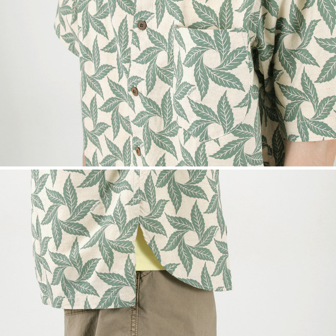 【30%OFF】GOHEMP(ゴーヘンプ) ノーカラー半袖シャツ トルネードプリント