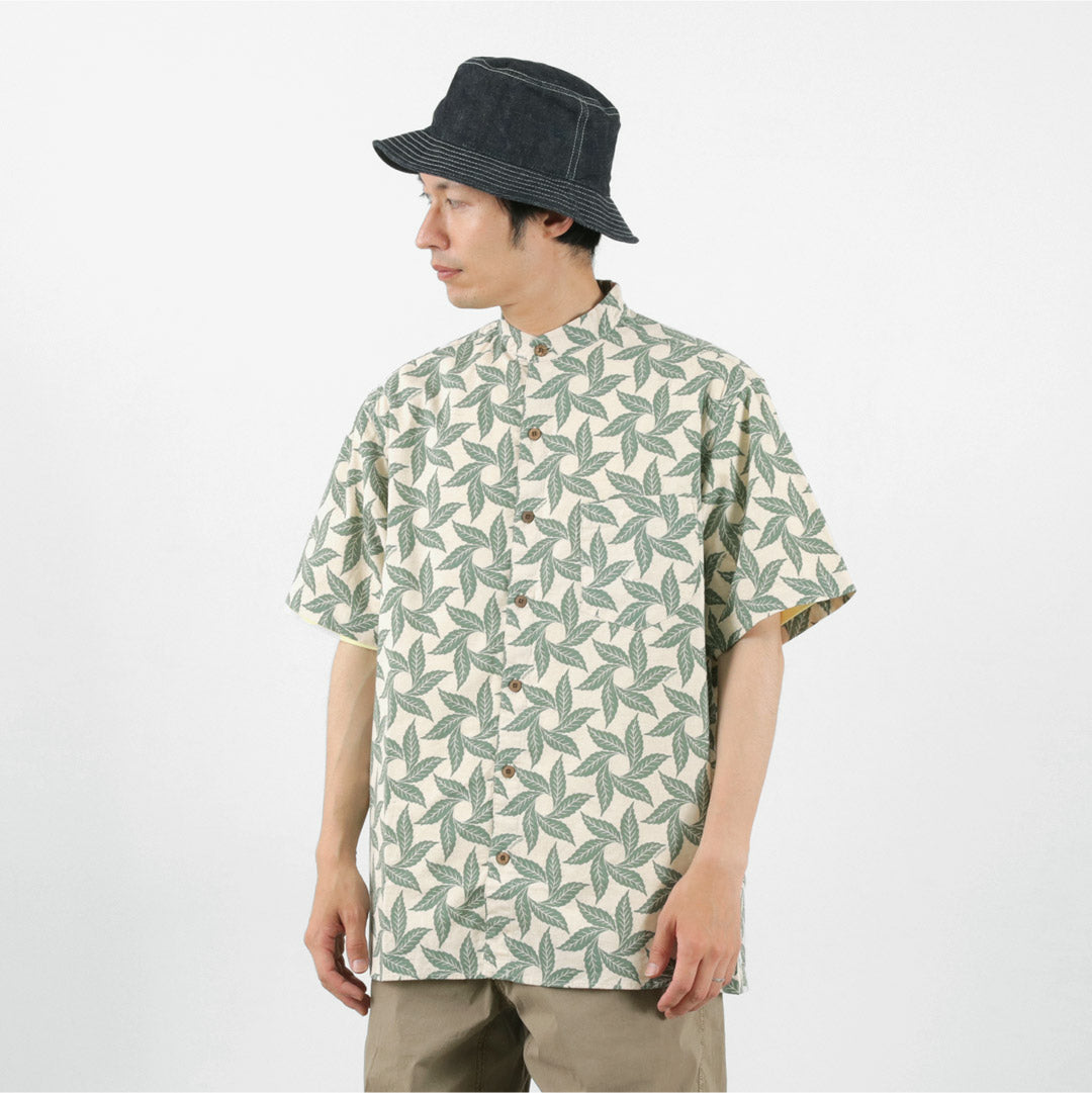 【30%OFF】GOHEMP(ゴーヘンプ) ノーカラー半袖シャツ トルネードプリント