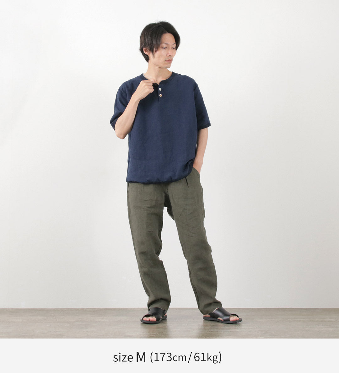 RE MADE IN TOKYO JAPAN(アールイー) フレンチリネン ヘンリーネック Tシャツ