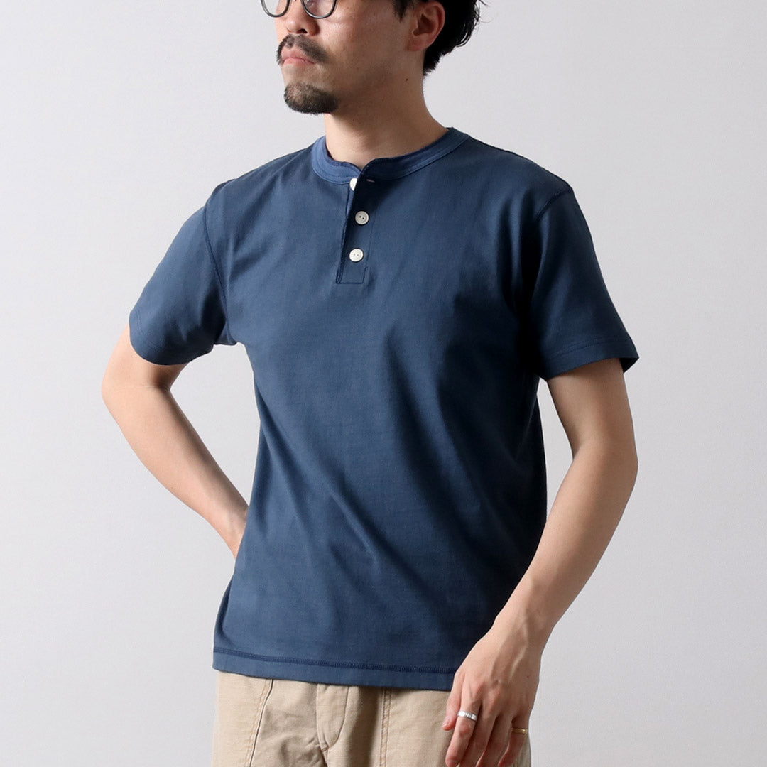 70s 80s ヘンリーネック Tシャツ メンズ L 茄子紺 フェード 雰囲気系 BARNS(バーンズ) 小寸編み ヘンリーネック 半袖 Tシャツ