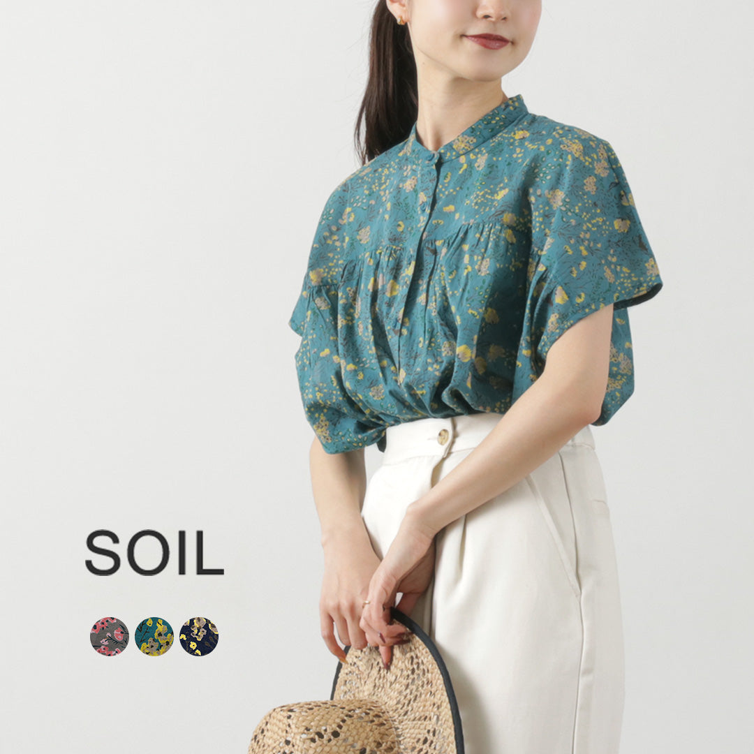 SOIL（ソイル） コットン フラワープリント バンドカラー ギャザーシャツ｜ROCOCO ONLINE STORE