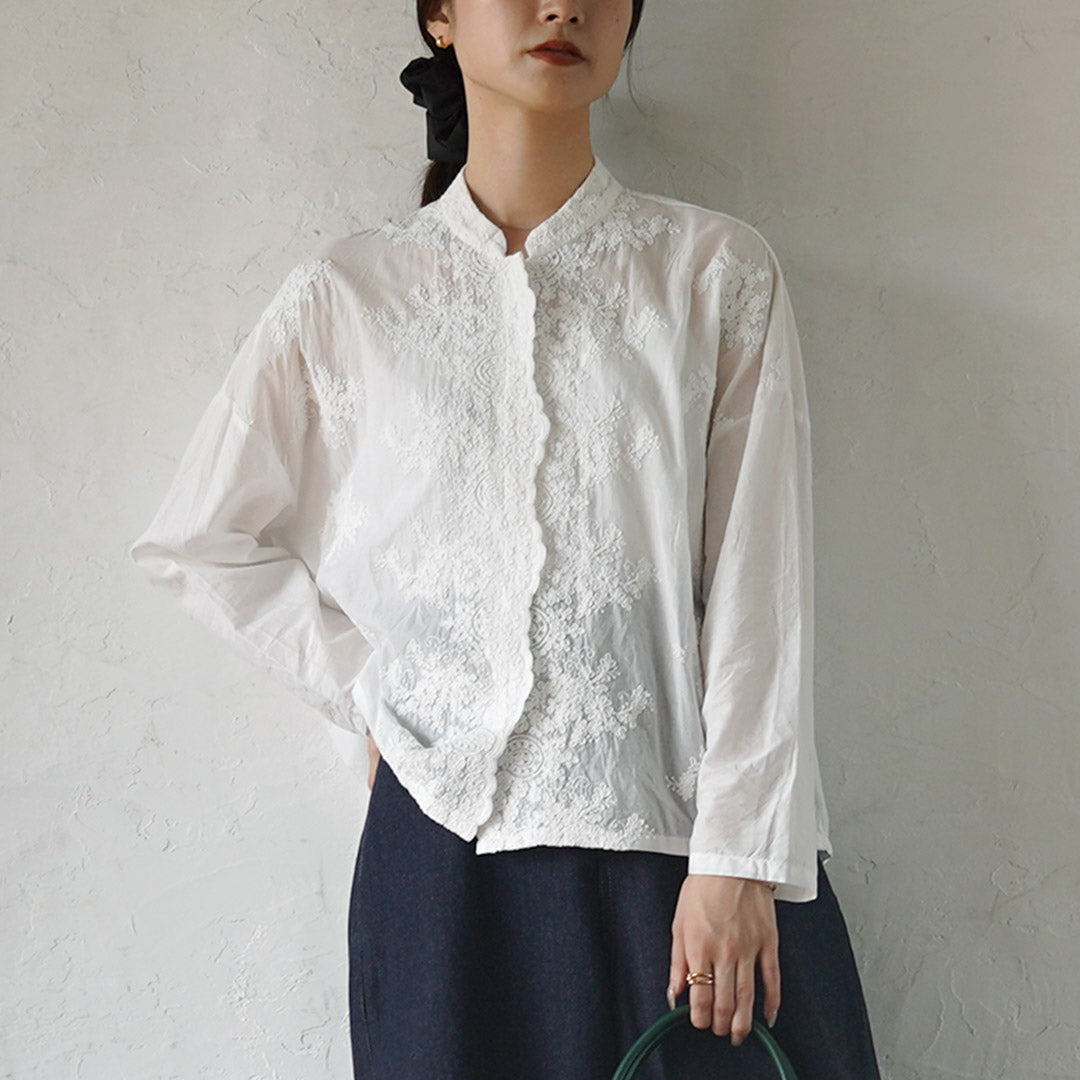 レディースmizuiroind レーススタンドカラーワイドシャツ/オフホワイト mizuiro ind（ミズイロインド） レース スタンドカラー シャツ