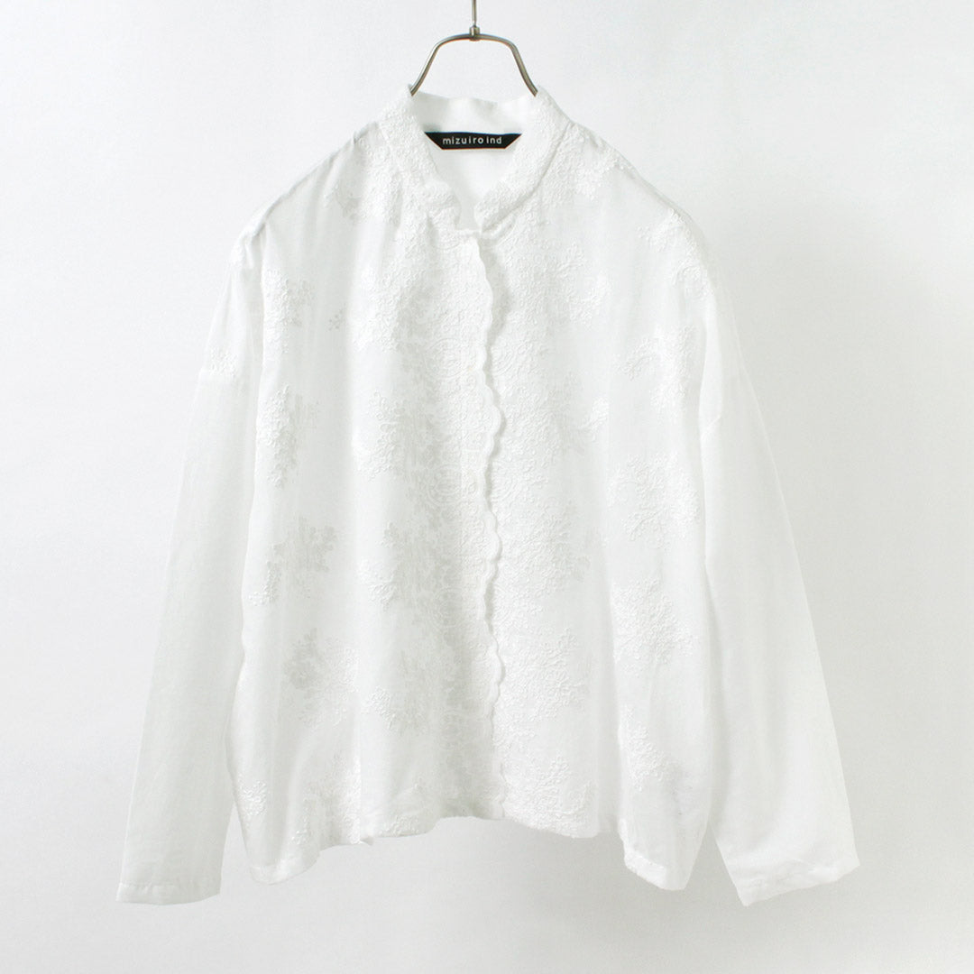 mizuiro ind（ミズイロインド） レース スタンドカラー シャツ