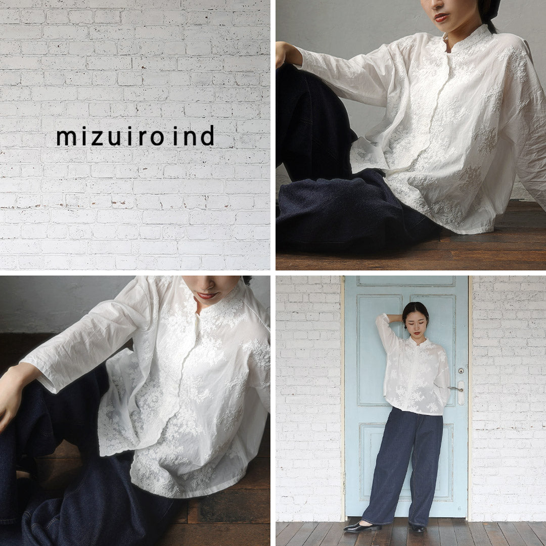 mizuiro ind（ミズイロインド） レース スタンドカラー シャツ