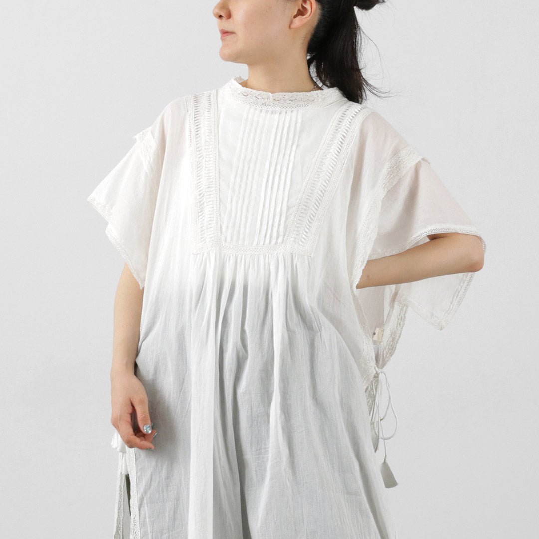 【30％OFF】TUMUGU（ツムグ） サイドリボン ワンピース / ロング丈 半袖 インド綿 コットン レース SIDE RIBBON ONE PIECE【セール】