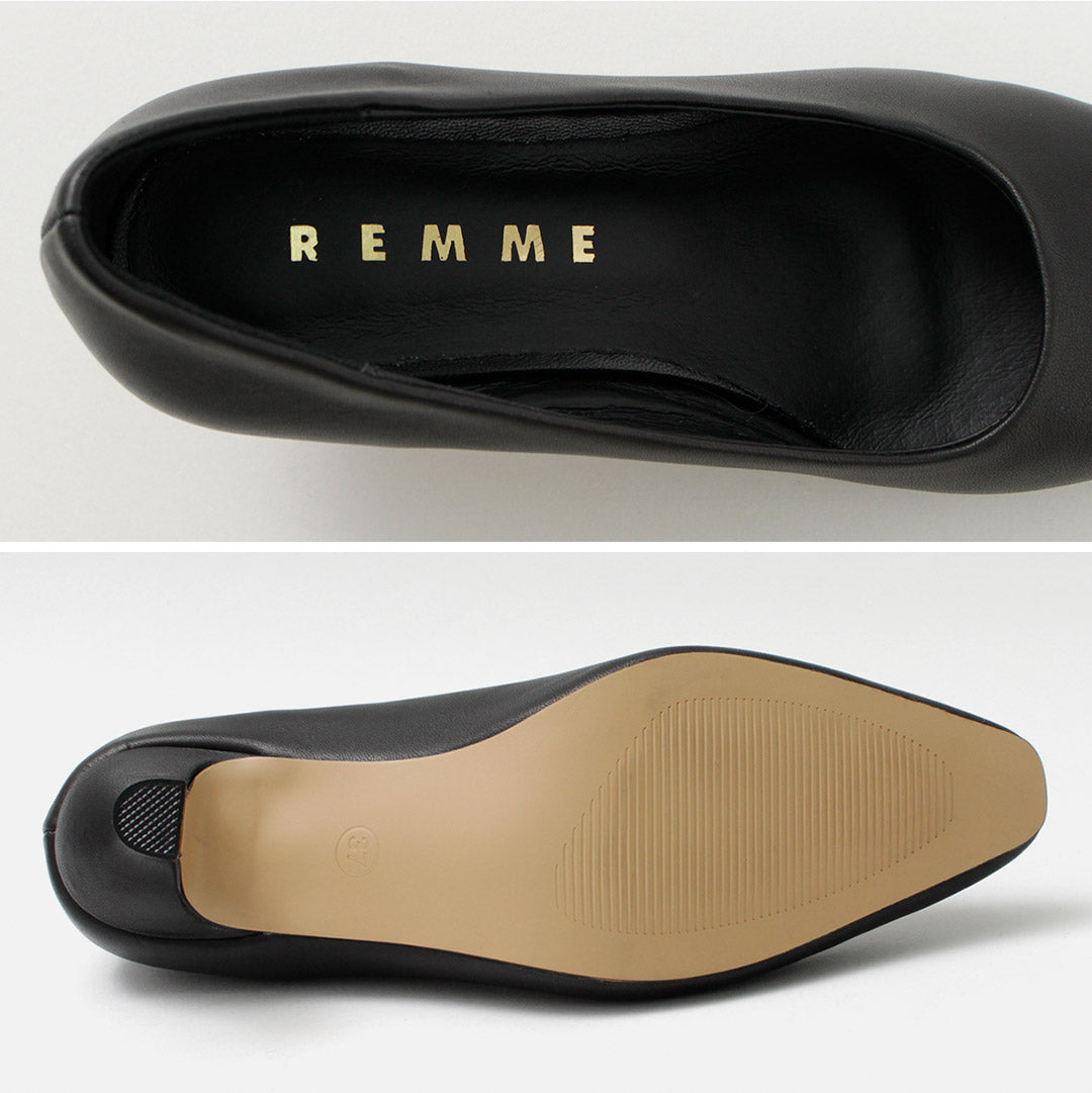 REMME（レメ） ポインテッド スクエア ヒールパンプス / レディース 靴 5cm レザー 山羊革 Pointed Squeare Pin Heel