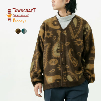 TOWN CRAFT（タウンクラフト） ヴィンテージパターン シャギー カーディガン / アクリル ニット ジャガード 柄 トップス 羽織 メンズ