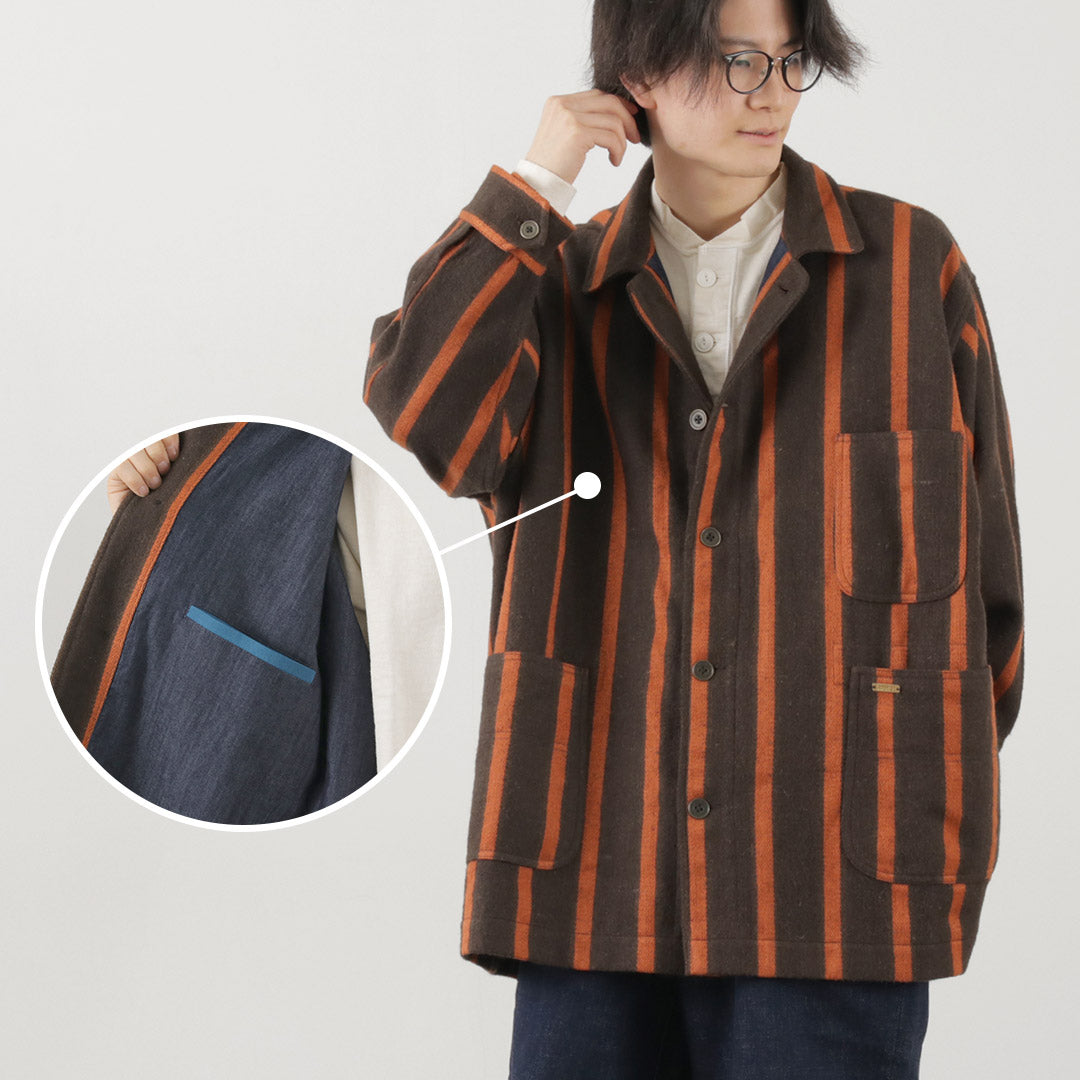 SLOW HANDS（スローハンズ） オールドスクールストライプ ルーズフィット カバーオールコート / メンズ 柄 アウター ウール old school stripe coverall coat loose fit