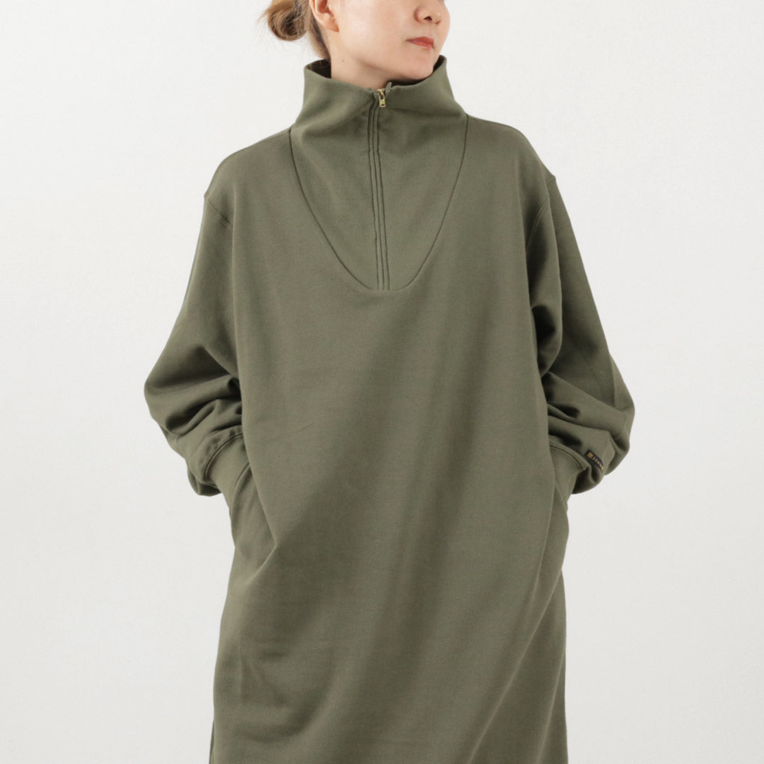 KHA:KI（カーキ） ハーフジップ スウェットドレス / ワンピース ロング マキシ丈 長袖 綿100％ コットン 日本製 Half Zip Sweat Dress