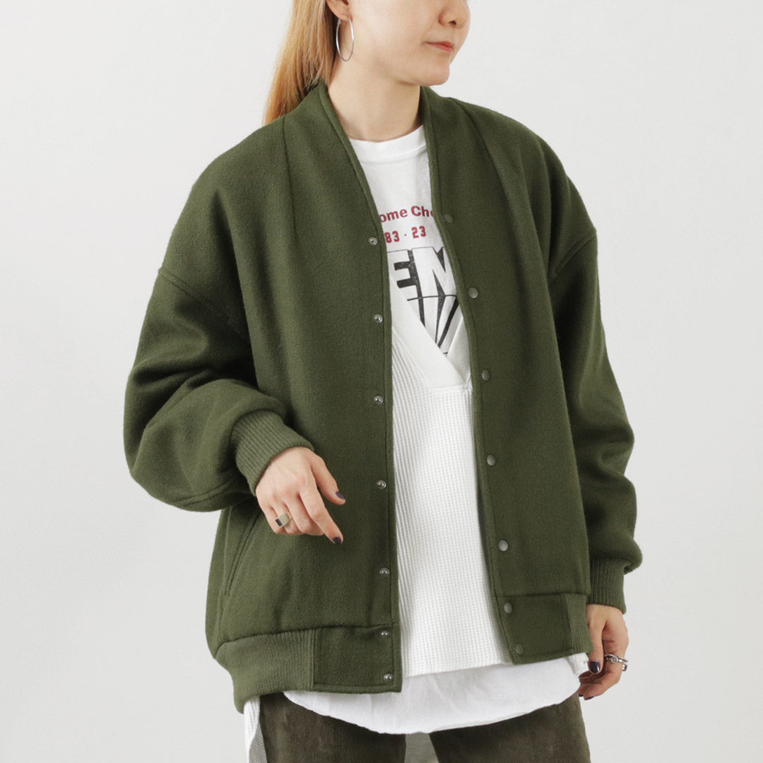 KHA:KI（カーキ） カラーレス バーシティー ジャケット / レディース アウター ショート スタジャン ウール 襟なし 無地 Collaeless Varsity Jacket