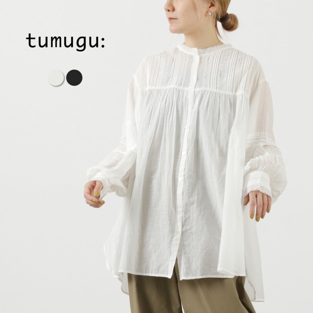 TUMUGU（ツムグ） カディコットン チュニックシャツ / レディース ブラウス レース 長袖 長め インド綿 コットン バンドカラー 襟なし