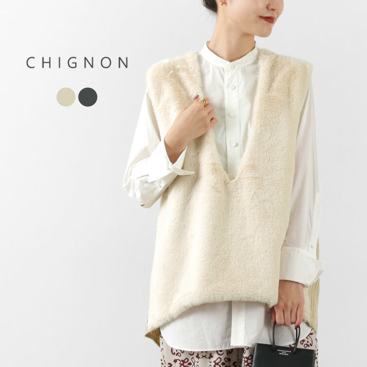 CHIGNON（シニヨン） ファードッキング ベスト / レディース ニット 無地 Vネック Fur docking vest – ROCOCO  ONLINE STORE