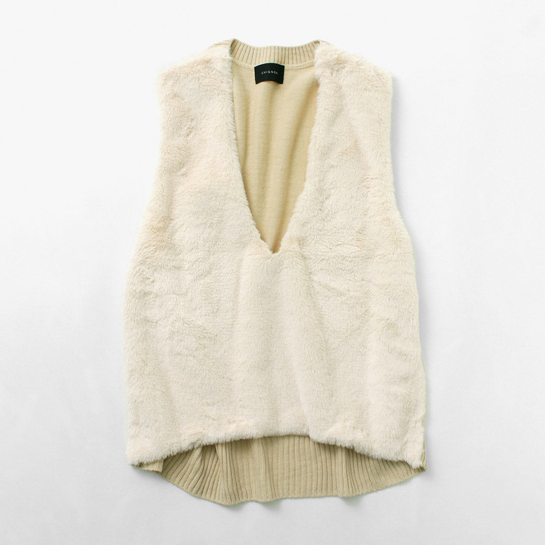 CHIGNON（シニヨン） ファードッキング ベスト / レディース ニット 無地 Vネック Fur docking vest