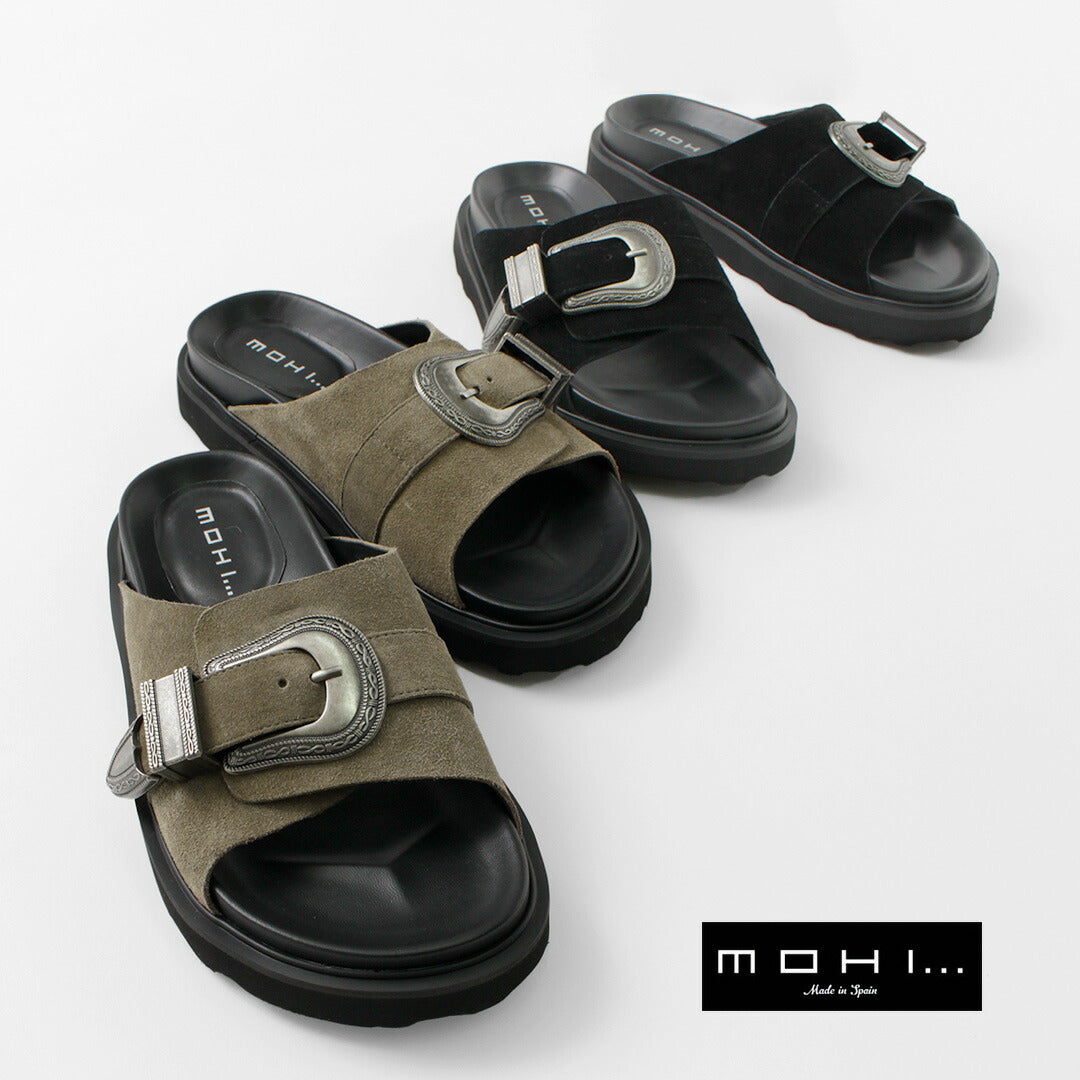 MOHI（モヒ） バックルスエード サンダル / レディース フラット 本革 牛革 カウレザー ベルト ストラップなし Buckle Suede Sandal