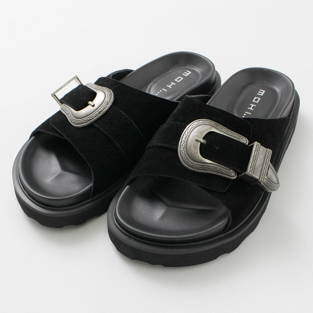 MOHI（モヒ） バックルスエード サンダル / レディース フラット 本革 牛革 カウレザー ベルト ストラップなし Buckle Suede Sandal